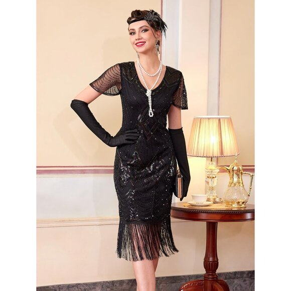 1920s Flapper Dress Sheer Beaded Sleeves Vintage Inspired Costume with Accessori - Picture 6 of 7